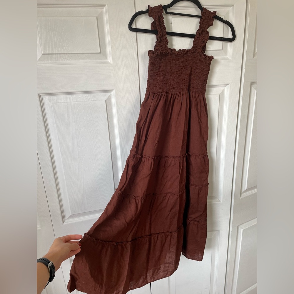 Quince 100% European Linen Smocked Midi Dress - Chocolate Brown - SMALL